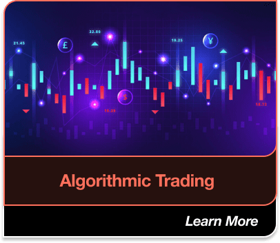 Algorithmic Trading: Colorful financial chart with currency symbols and candlestick patterns, highlighting automated trading strategies. Learn More.