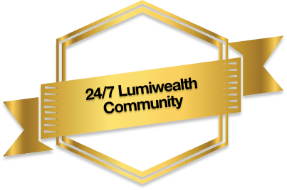 Golden badge with text "24/7 Lumiwealth Community" on a blue background.