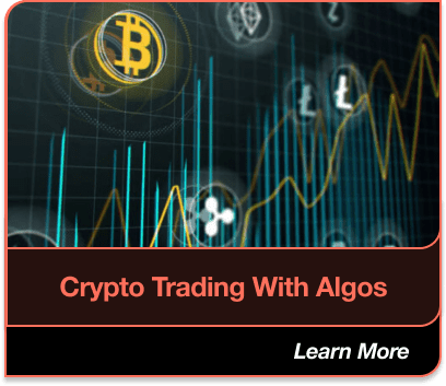 Crypto Trading With Algos: Graph with cryptocurrency symbols and algorithmic trading indicators. Learn More.