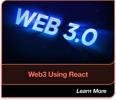 Web3 Using React: Neon text displaying "WEB 3.0". Learn More.